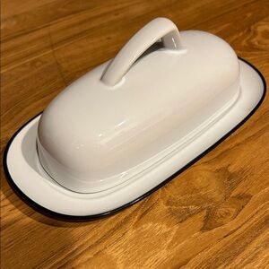 Noritake Stoneware, white covered Butter Dish with black trim
